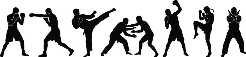 Martial arts and combat sports silhouette collection featuring boxing karate wrestling and kickboxing action poses © MdShah