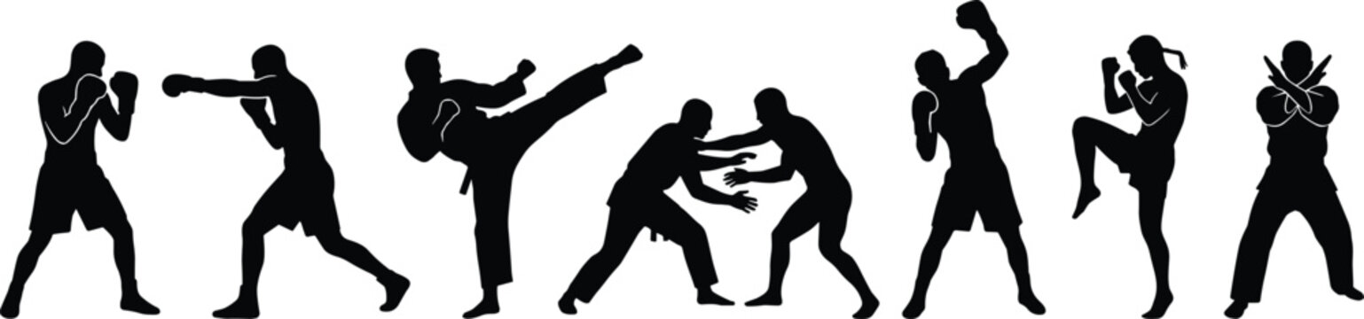 Martial arts and combat sports silhouette collection featuring boxing karate wrestling and kickboxing action poses