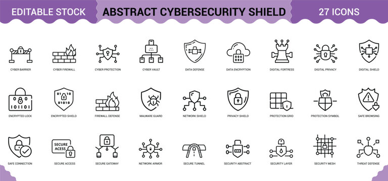Set of abstract cybersecurity shield line icons depicting various data protection and network safety.