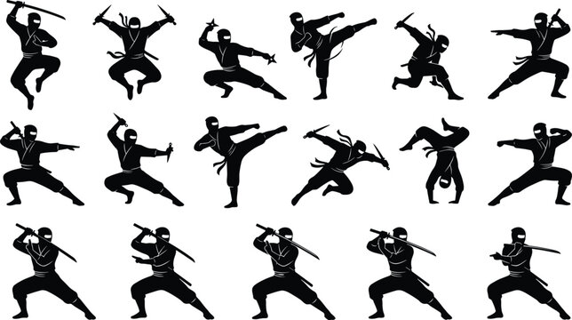 Ninja warrior silhouette collection with martial arts combat poses and traditional weapons vector illustration set