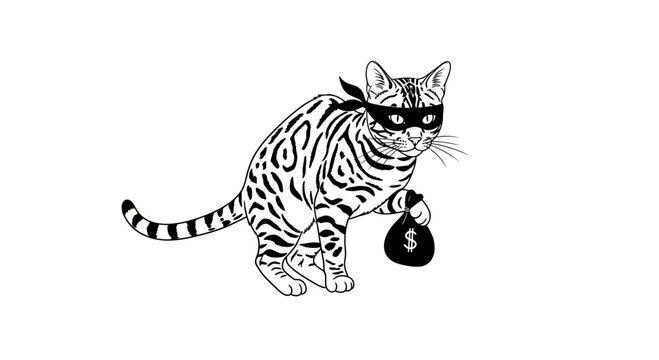 Bengal Cat Thief Wearing Mask Stealing Money Bag