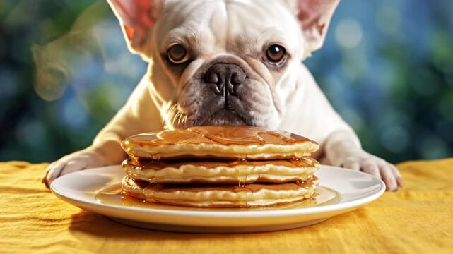 Close-up of a white French Bulldog resting its chin on a stack of pancakes with syrup on a white plate, featuring large expressive brown eyes and a blurred background.
