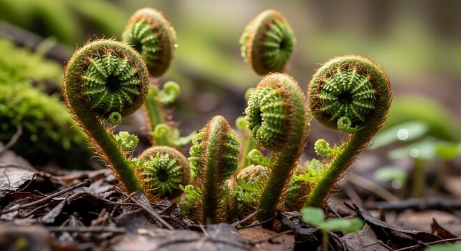 Close up of unfurling fern fronds in natural outdoor setting
