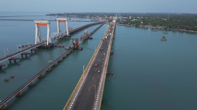 Aerial View of Pamban Bridge and Railway Bridge in Rameswaram Tamil Nadu India