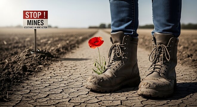 Soldier boots and poppy flower in a dangerous minefield zone.