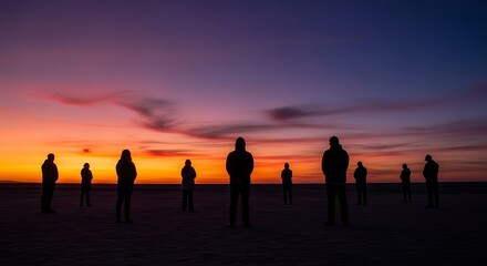 Fototapeta premium Silhouettes of people standing in a line at dusk.