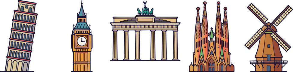 Collection of famous european architectural landmarks including the leaning tower of pisa big ben and the majestic brandenburg gate monument © Ibnu Gazali