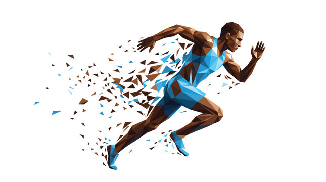 Athletic male runner sprinting fast with a dynamic geometric body made of sharp shattered crystal fragments