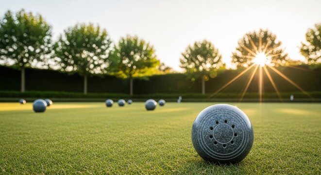 Close-up of a lawn bowls ball on a sun-drenched green at golden hour with other balls and trees in the background, showcasing a peaceful outdoor sporting scene.