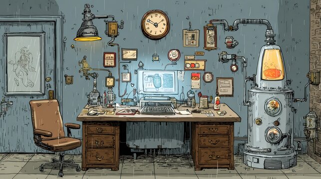 Scientist's cluttered laboratory workstation features a glowing apparatus and various wall decorations in the rain
