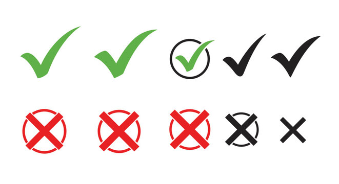 Set of green check marks and red crosses in a row icons and symbols.