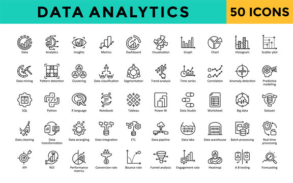 Data Analytics icons set with data, analytics, insights, metrics, dashboard, visualization, graph, chart, histogram, scatter plot icon. Simple line vector 
