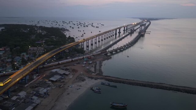 Aerial View of Pamban Bridge and Railway Bridge in Rameswaram Tamil Nadu India