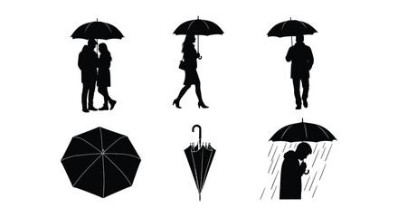 People with umbrellas silhouettes on a white background © MdNirob