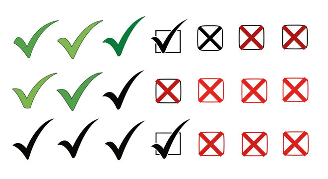 Series of green check marks and red crosses arranged in rows and grid, representing approval and rejection indicators.
