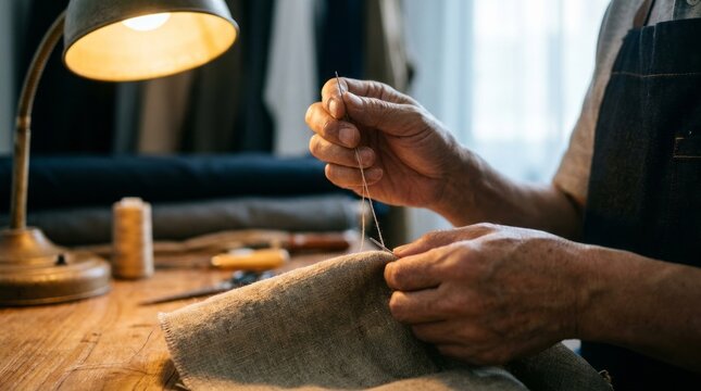 Close up of tailor hands threading a needle to sew fabric under a warm desk lamp in a dark workshop