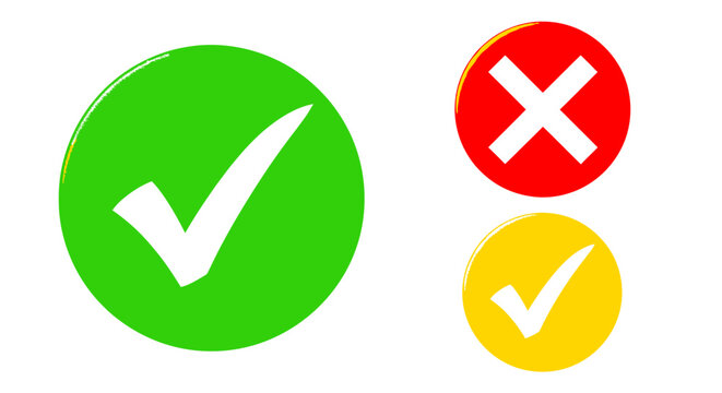 Group of Verification Symbols: Green Check, Red Cross, and Yellow Check Icons for Status and Feedback.