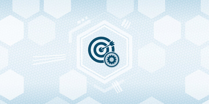 Business strategy and operational optimization concept with target icon and gear symbol on abstract digital background, precision goal setting and performance management