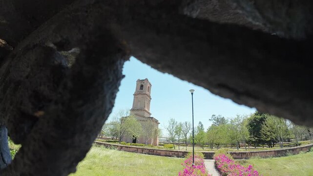 View of the Cantonment Church Tower in Karnal Creatively Framed Through the Openings of an Ornate Iron Railing, India