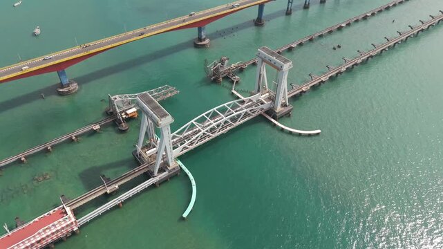 Aerial View of Pamban Bridge and Railway Bridge in Rameswaram Tamil Nadu India