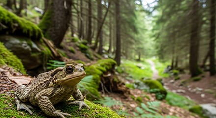 Obraz premium Close up of a toad in a forest with moss covered rocks and trees