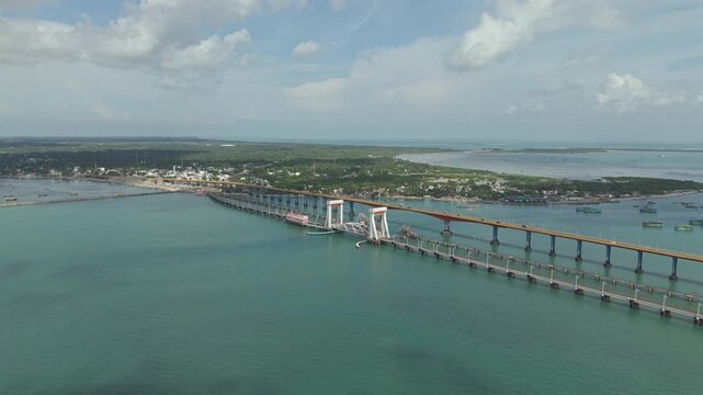 Aerial View of Pamban Bridge and Railway Bridge in Rameswaram Tamil Nadu India