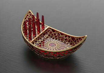 Fototapeta premium Crescent moon shaped jewelry dish with gold lattice and red glass inserts