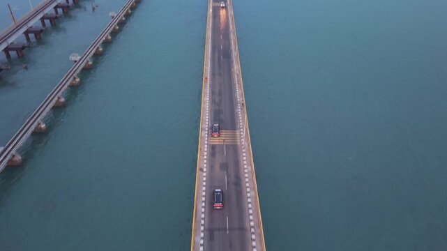 Aerial View of Pamban Bridge and Railway Bridge in Rameswaram Tamil Nadu India