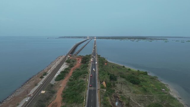 Aerial View of Pamban Bridge and Railway Bridge in Rameswaram Tamil Nadu India