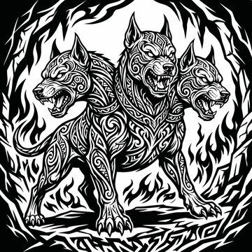 A mystical illustration of three fierce dogs with tribal tattoos standing amidst flames