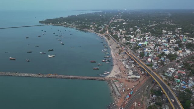 Aerial View of Pamban Bridge and Railway Bridge in Rameswaram Tamil Nadu India