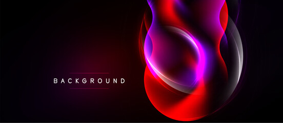 Abstract design features vibrant red, purple glows against black backdrop. Modern, dynamic composition creates striking visual impact. © antishock