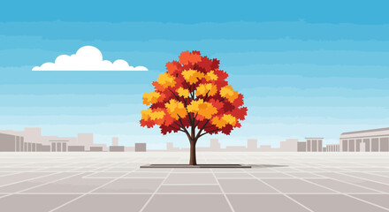 Autumn tree in city square, vibrant foliage, urban landscape, clear sky, pixel art style © Cah
