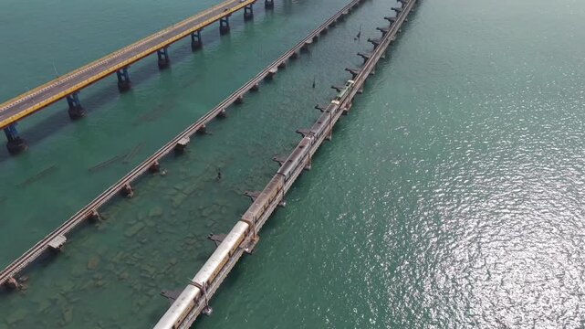 Aerial View of Train Crossing Pamban Railway Bridge in Rameswaram Tamil Nadu India