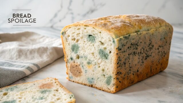 Moldy Bread Loaf on Marble Surface with Towel and Spoilage Label