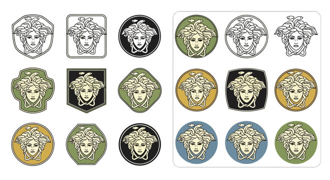 Medusa Head Icons Collection, Greek Mythology Symbol, Vintage Style Badges