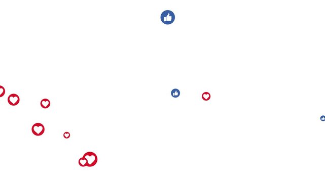 Floating animation Social media symbols like and love icon animation flying moving upwards direction. Live streaming social media hearts and like animated 4k footage