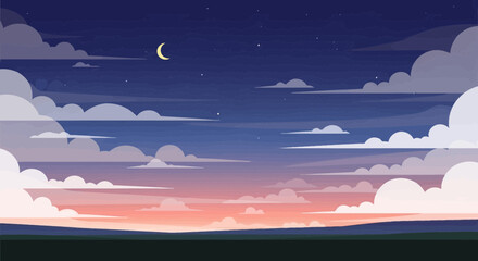 Pixel Art Sunset Sky with Crescent Moon and Clouds © Cah