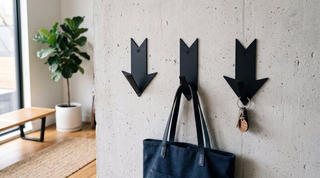 Modern black arrow wall hooks with bag and keys