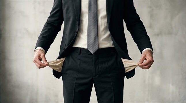 A businessman in a black suit showing empty pockets - ideal for financial crisis reports, economic hardship illustrations, and concepts of bankruptcy or debt.