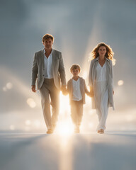 Naklejka premium A Serene Family Journey: A man, woman, and child walk hand-in-hand, bathed in a soft, ethereal light, evoking a profound sense of togetherness and peaceful passage.