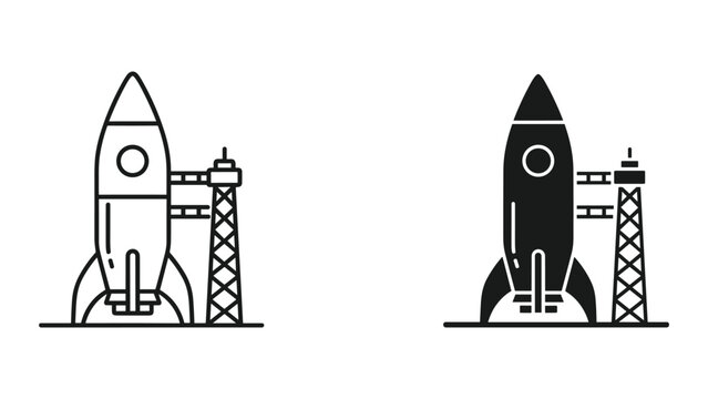 Black and white line icons of rockets on launchpad isolated on white background for space or business concepts