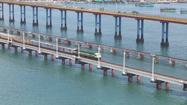 Aerial View of Train Crossing Pamban Railway Bridge in Rameswaram Tamil Nadu India