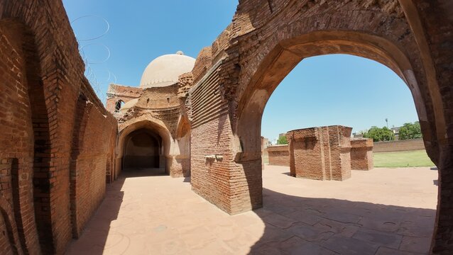 Close-Up of Ancient Crumbling Walls and Exposed Old Masonry at the Mughal Era Kabuli Bagh Mosque Heritage Site Built by Babur
