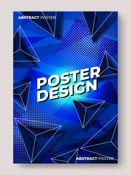 Abstract geometric poster design template with dark blue 3D triangles