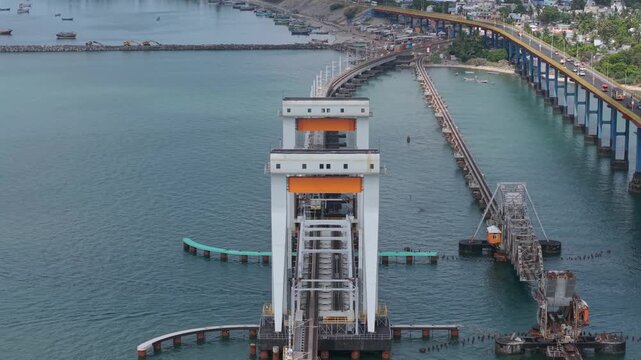 Aerial View of Train Crossing Pamban Railway Bridge in Rameswaram Tamil Nadu India