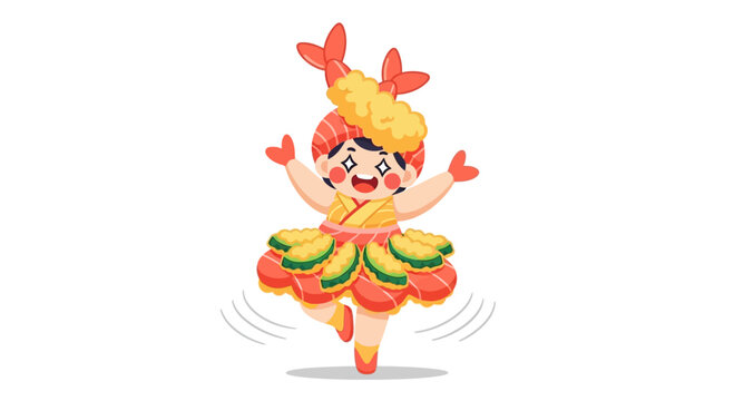 Cute Sushi Girl Dancing in Ebi Tempura Costume, Kawaii Anime Style