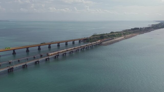 Aerial View of Train Crossing Pamban Railway Bridge in Rameswaram Tamil Nadu India