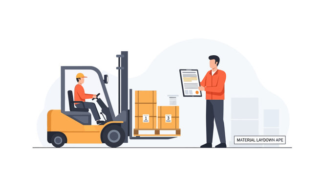 Forklift operator loading boxes onto pallet, manager checking document in warehouse