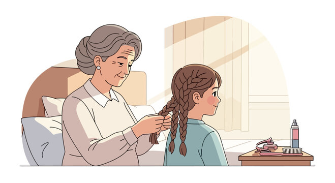 Grandmother braiding granddaughter's hair in a cozy bedroom, love and family bonding